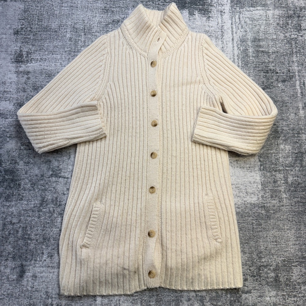 LL Bean Sweater Womens XL Cream Long Length Cardigan Wool Blend Ribbed Knit